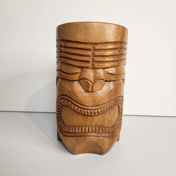 Vintage Huge Carved Wooden Tiki Mug Large Handle Monkey Pod Wood Barware Stein - Picture 2 of 11